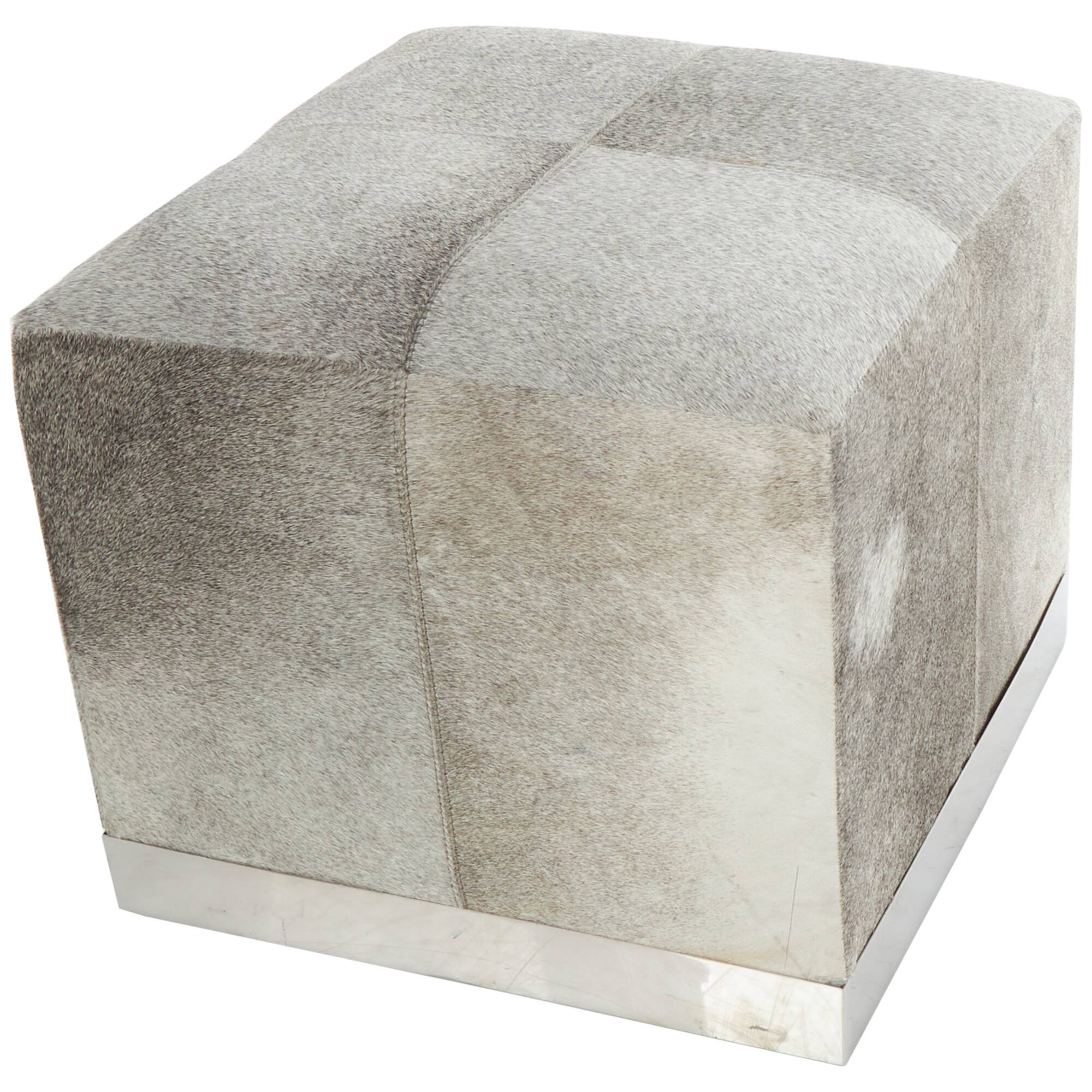 17" Gray Leather Patchwork Pouf with Silver Metal Base